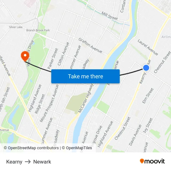 Kearny to Newark map