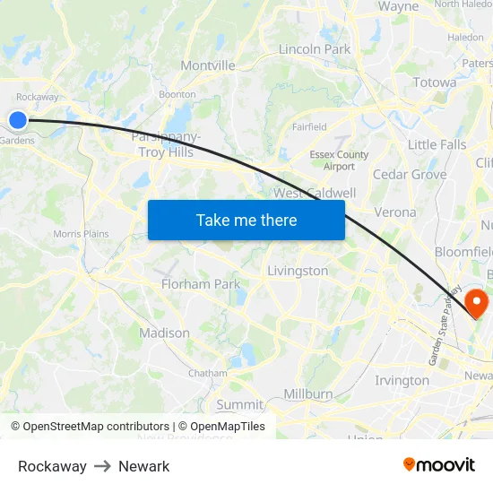 Rockaway to Newark map