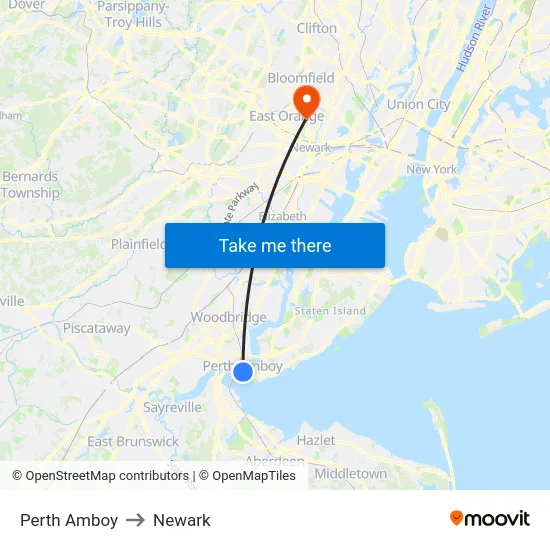 Perth Amboy to Newark map