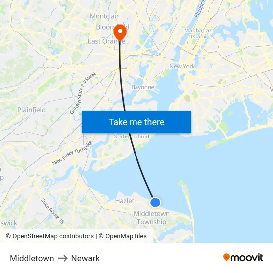 Middletown to Newark map