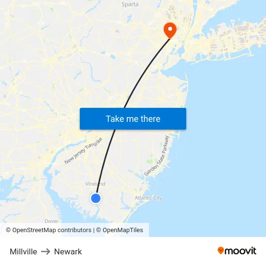 Millville to Newark map