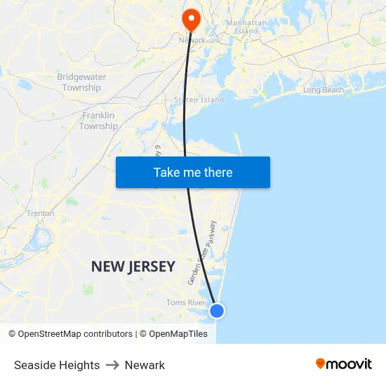 Seaside Heights to Newark map