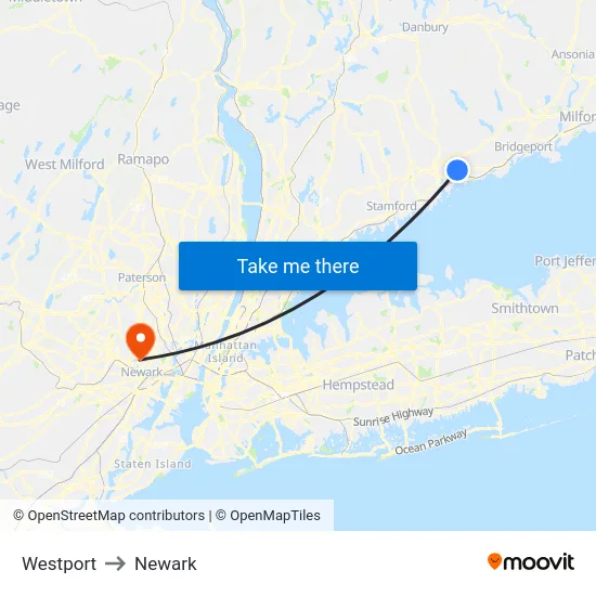 Westport to Newark map