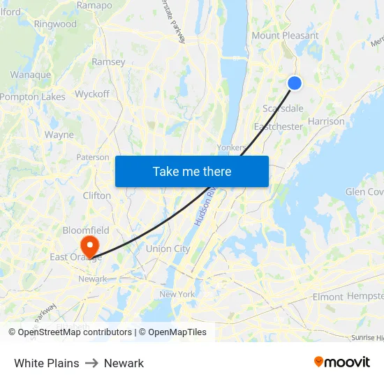 White Plains to Newark map