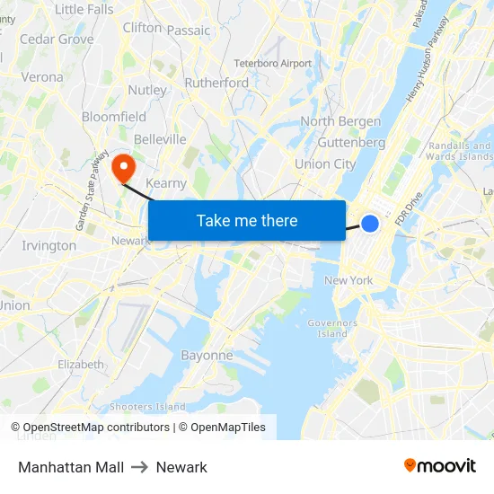 Manhattan Mall to Newark map