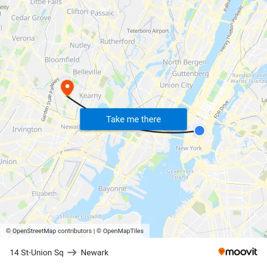 14 St-Union Sq to Newark map