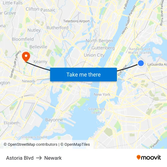 Astoria Blvd to Newark map