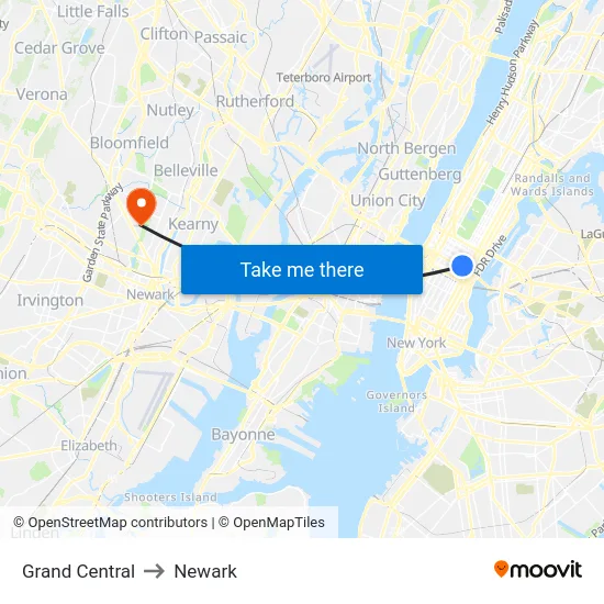 Grand Central to Newark map