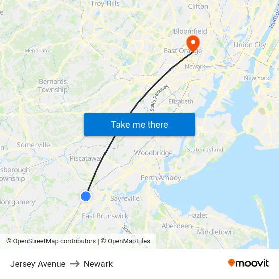 Jersey Avenue to Newark map