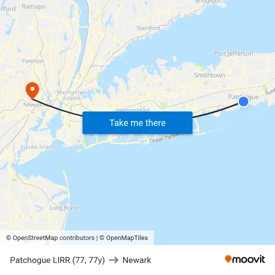 Patchogue LIRR (77, 77y) to Newark map