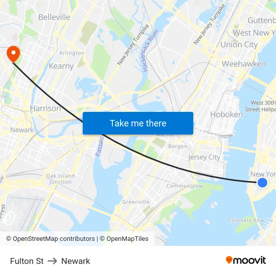 Fulton St to Newark map