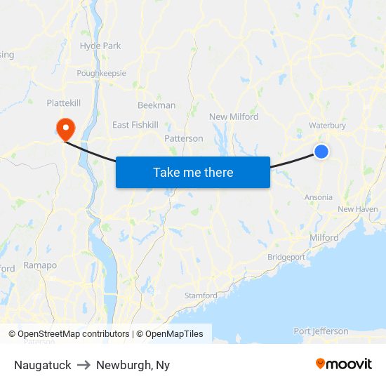 Naugatuck to Newburgh, Ny map
