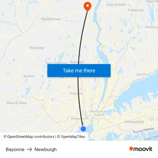 Bayonne to Newburgh map