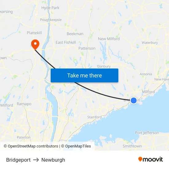 Bridgeport to Newburgh map