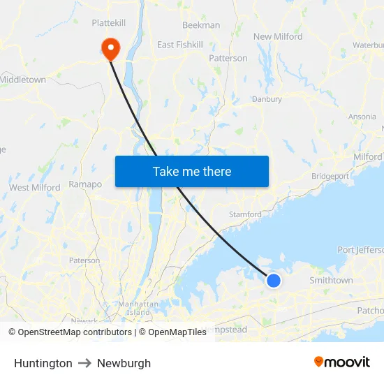 Huntington to Newburgh map