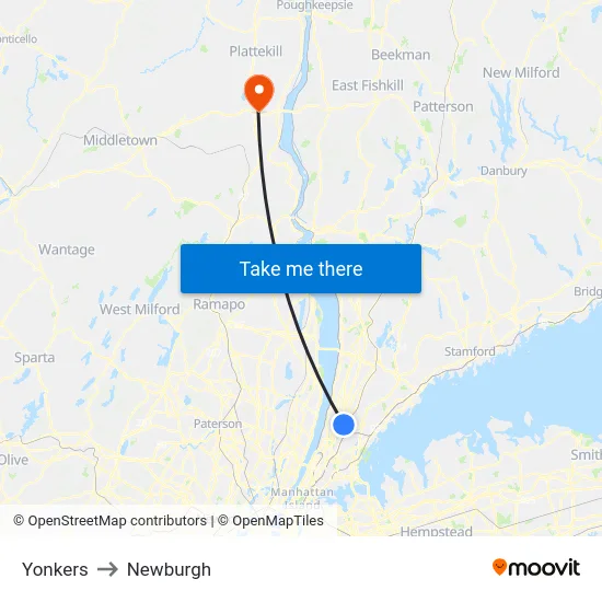 Yonkers to Newburgh map
