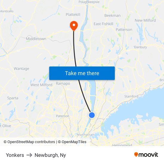 Yonkers to Newburgh, Ny map