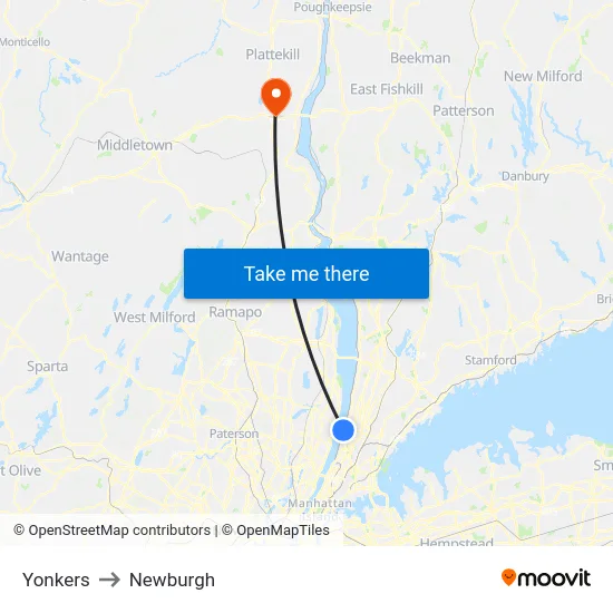 Yonkers to Newburgh map