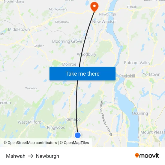 Mahwah to Newburgh map
