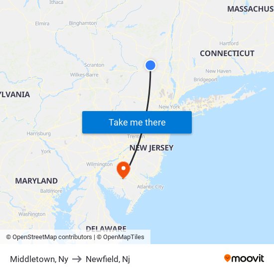 Middletown, Ny to Newfield, Nj map