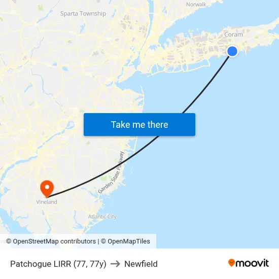 Patchogue LIRR (77, 77y) to Newfield map