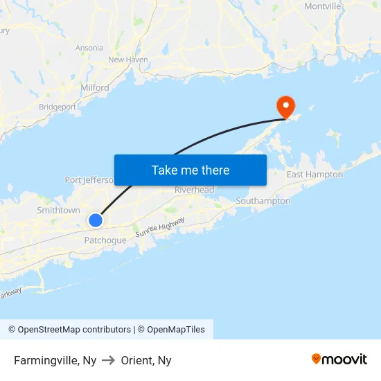 Farmingville to Orient, Ny map