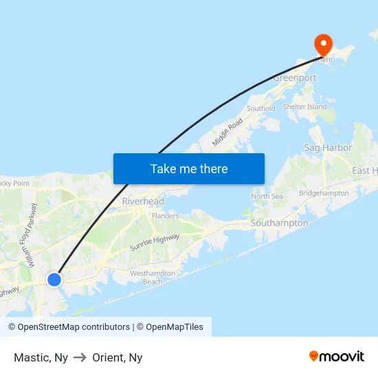 Mastic to Orient, Ny map