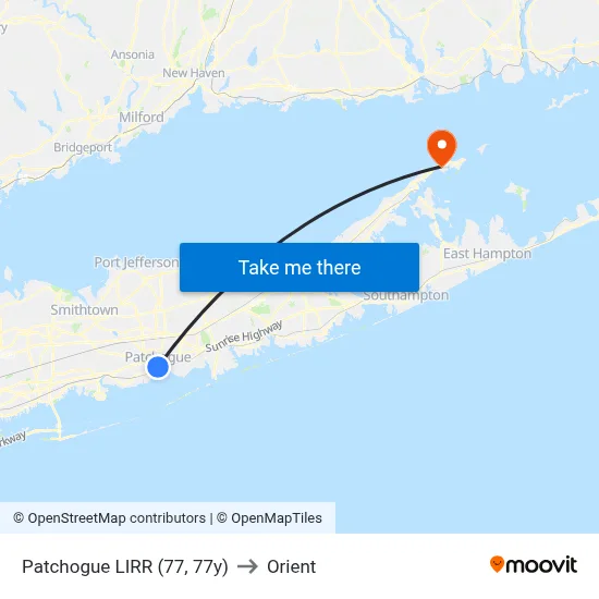 Patchogue LIRR (77, 77y) to Orient map
