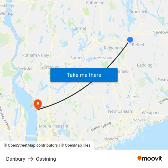 Danbury to Ossining map
