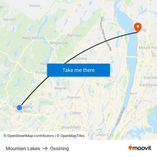 Mountain Lakes to Ossining map