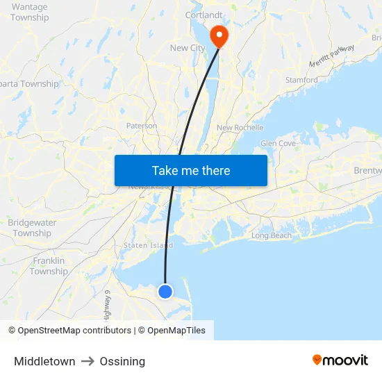 Middletown to Ossining map