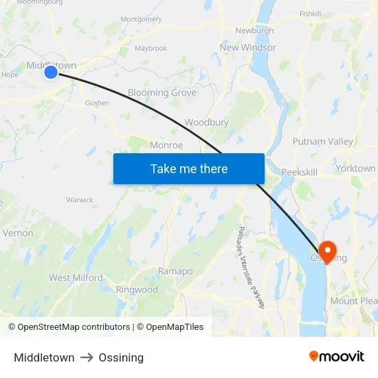 Middletown to Ossining map