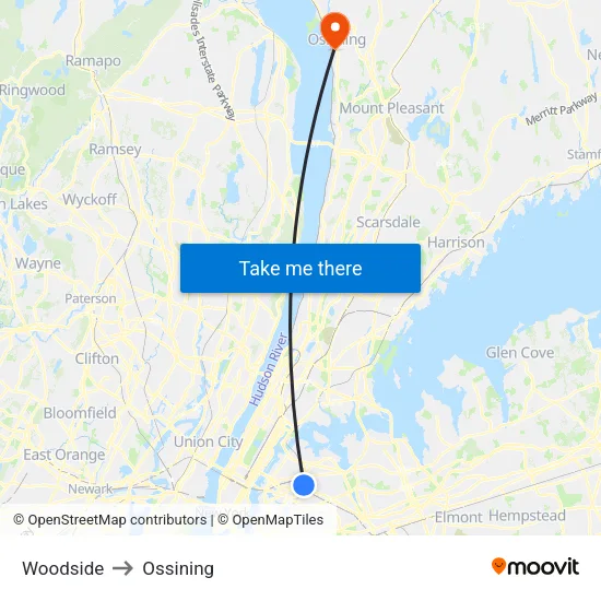 Woodside to Ossining map