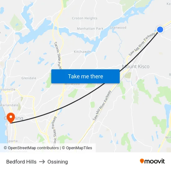 Bedford Hills to Ossining map