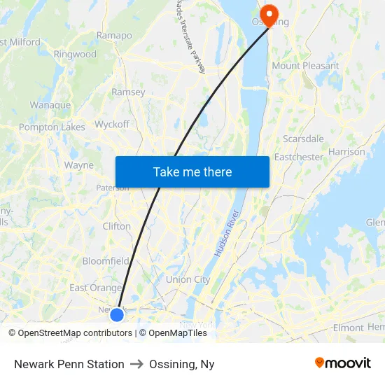 Newark Penn Station to Ossining, Ny map