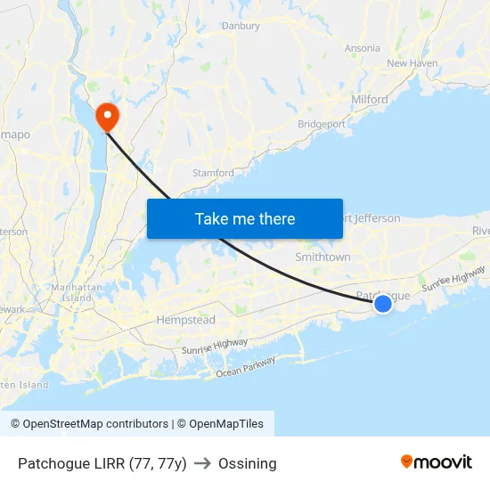 Patchogue LIRR (77, 77y) to Ossining map