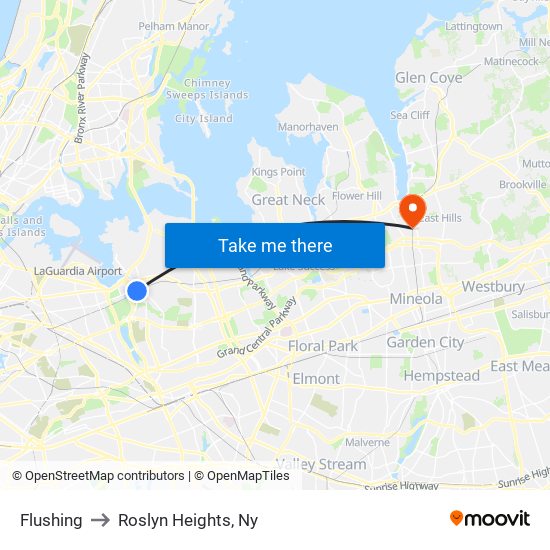 Flushing to Roslyn Heights, Ny map