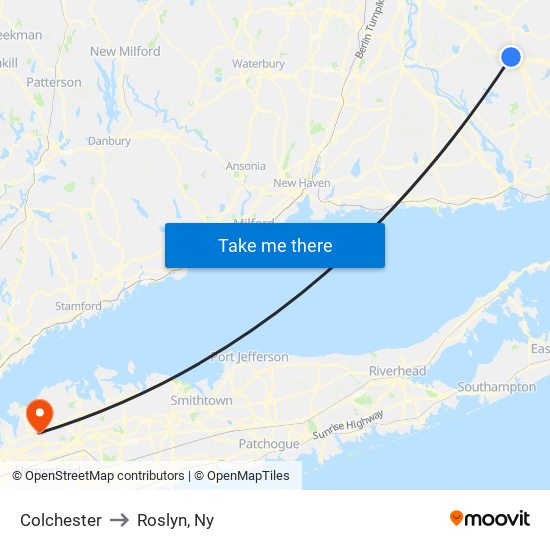 Colchester to Roslyn, Ny map