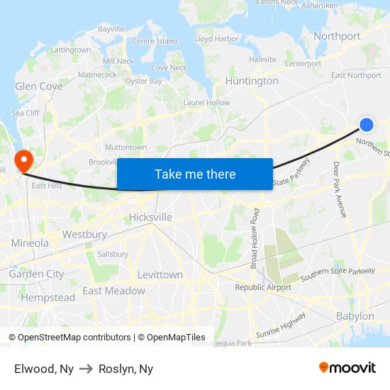 Elwood, Ny to Roslyn, Ny map