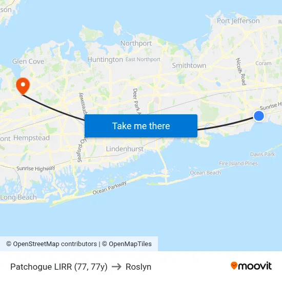 Patchogue LIRR (77, 77y) to Roslyn map