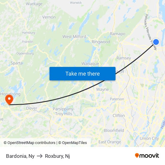 Bardonia, Ny to Roxbury, Nj map