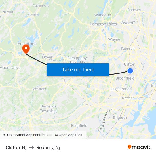 Clifton, Nj to Roxbury, Nj map