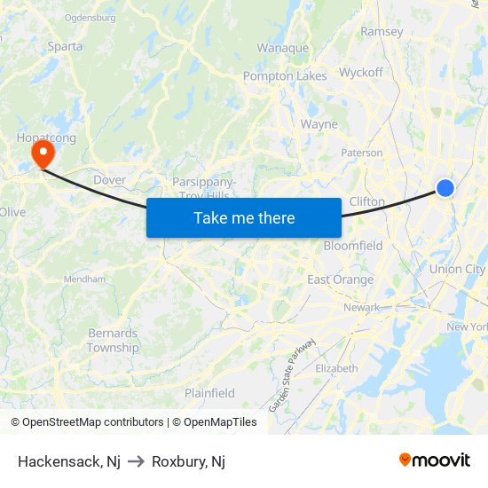 Hackensack, Nj to Roxbury, Nj map