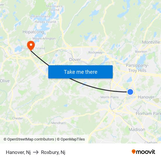 Hanover, Nj to Roxbury, Nj map