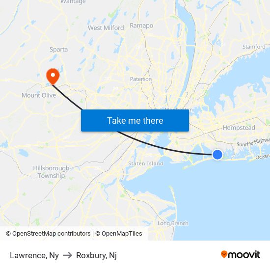 Lawrence, Ny to Roxbury, Nj map