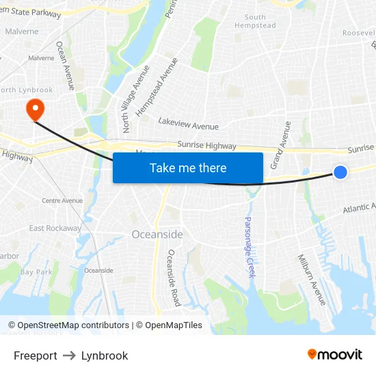 Freeport to Lynbrook map