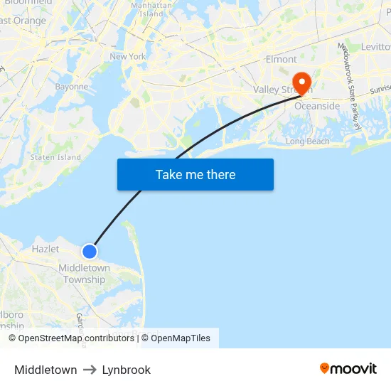 Middletown to Lynbrook map