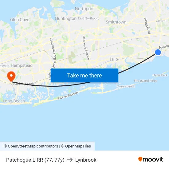 Patchogue LIRR (77, 77y) to Lynbrook map