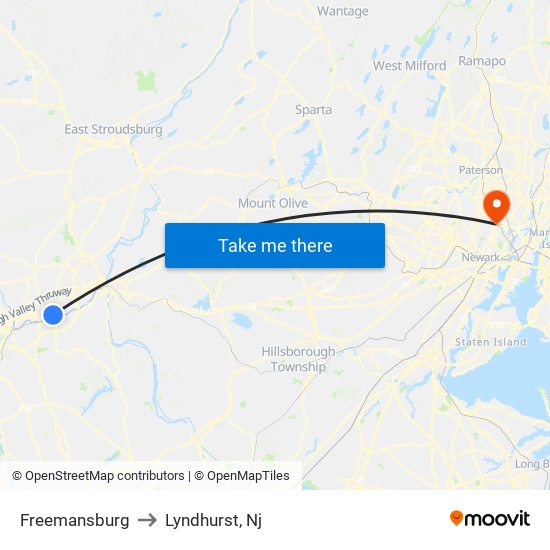 Freemansburg to Lyndhurst, Nj map