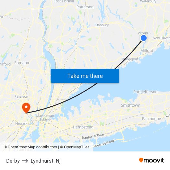 Derby to Lyndhurst, Nj map